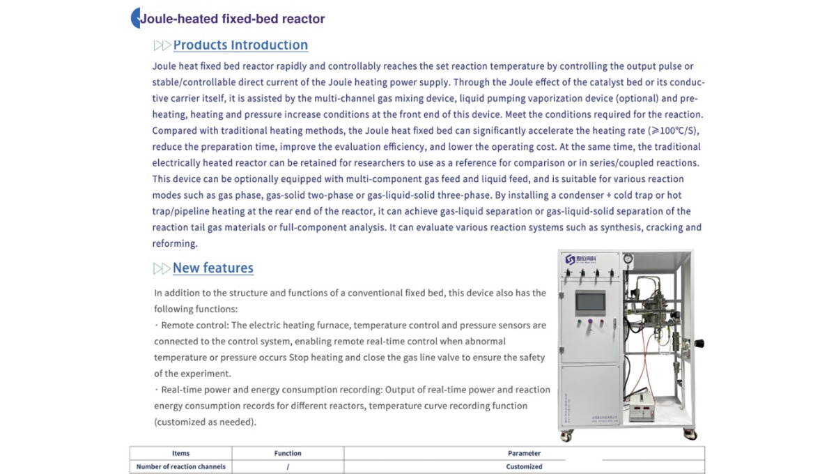 Joule-Heated Fixed-Bed Reactor — SSI catalogue section